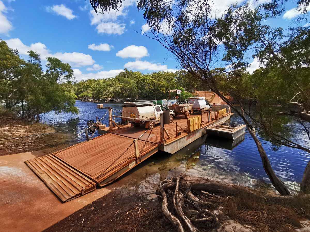 Jardine River Ferry Loaded and Heading South - Explore Cape York